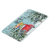 Vrede en vredige rode auto in winterbosfeestdag magneet (Linkerzijde)