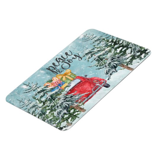 Vrede en vredige rode auto in winterbosfeestdag magneet (Linkerzijde)