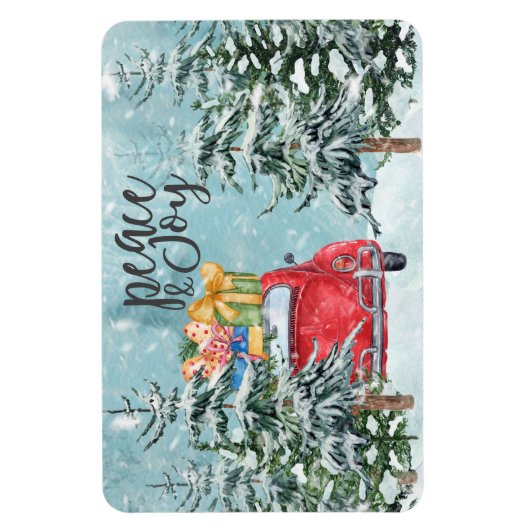 Vrede en vredige rode auto in winterbosfeestdag magneet (Verticaal)