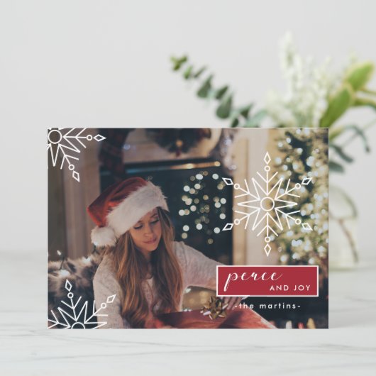 Vrede en vreugde drie foto's en sneeuwvlokken Kers Feestdagenkaart (Staand voorkant)