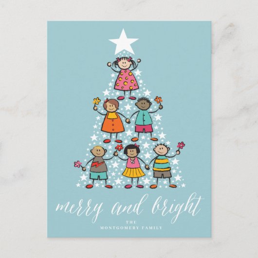 Vrede en vreugde Kleurrijke Cartoon Kerstboom Kind Feestdagenkaart (Voorkant)