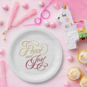 Vrede en vreugde over gewitwasd hout papieren bordje (Feest)