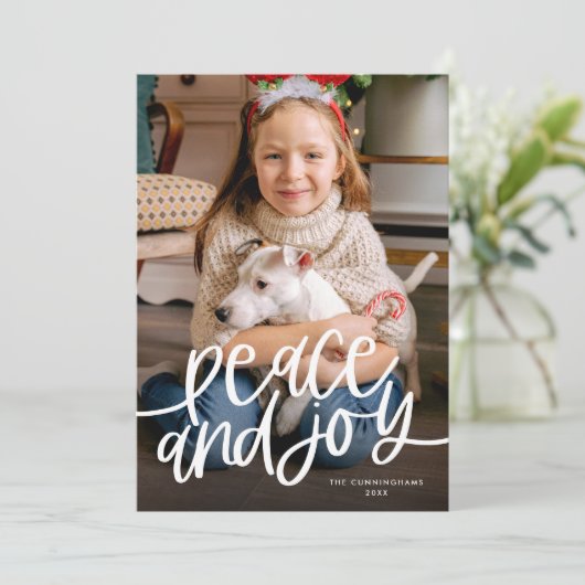 Vrede en vreugde script foto platte kerstkaart (Staand voorkant)