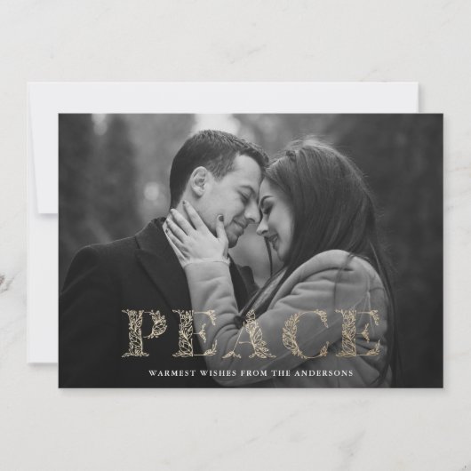 Vrede Gouden Winter Bloemen Lettering Foto Feestdagenkaart (Voorkant)