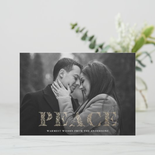 Vrede Gouden Winter Bloemen Lettering Foto Feestdagenkaart (Staand voorkant)