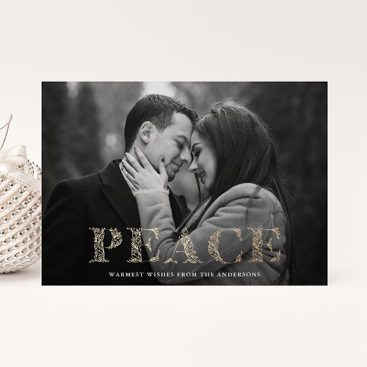 Vrede Gouden Winter Bloemen Lettering Foto Feestdagenkaart