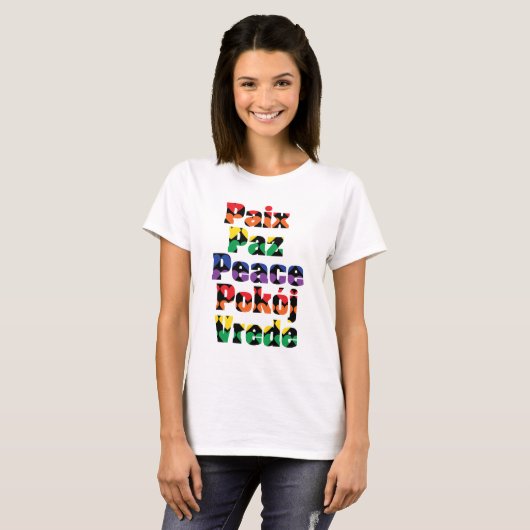 Vrede in vele talen Rainbow Hearts T-shirt (Voorkant volledig)