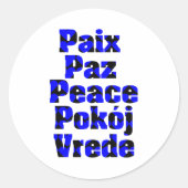 Vrede in Vreemde Talen Blauw Zwart Harten Ronde Sticker (Voorkant)
