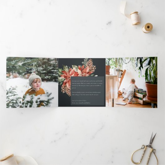Vrede Kerst Poinsettia Navy Zwart Pijnboom 3 Foto Drieluik Wenskaart (Binnen)