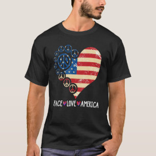 Vrede Liefde Amerika Hart Patriottisch VS Vlag 4e T-shirt