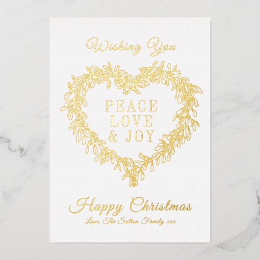 Vrede, liefde blijdschap gouden mistletoe hart Ker Folie Feestdagenkaart (Voorkant)
