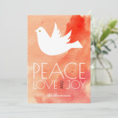 Vrede, liefde, blijdschap koraal waterverf & duif  feestdagenkaart (Staand voorkant)