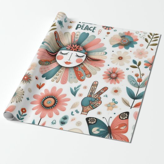 Vrede & Liefde Boho Bloemen Wrapping Papier (Uitgerold)