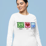 Vrede Liefde Chanoeka Vrouwen Lange Mouw T-shirt<br><div class="desc">Peace Love Chanoeka T-shirt met lange mouwen voor een Joodse vrouw die graag Chanoeka viert. Een  vredesteken,  hart en een prachtige menora.</div>