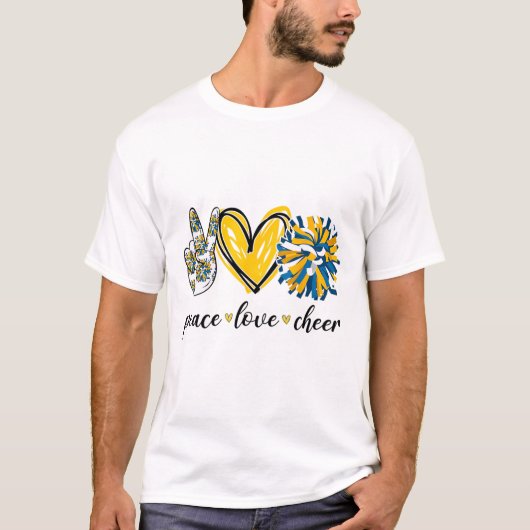 Vrede Liefde Cheerleading Blauw Geel T-shirt (Voorkant)