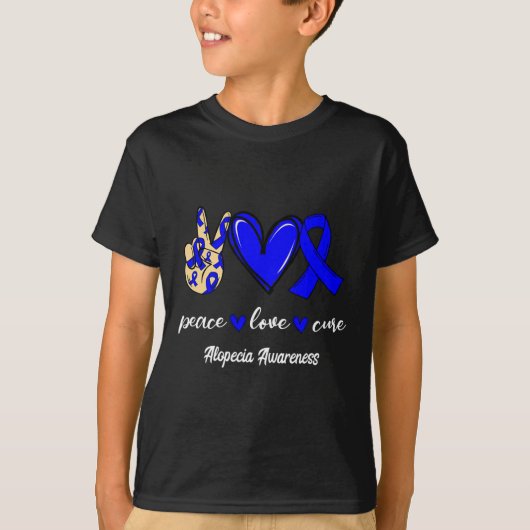 Vrede Liefde Cure Alopecia Blauw Lint Bewustzijn T-shirt (Voorkant)