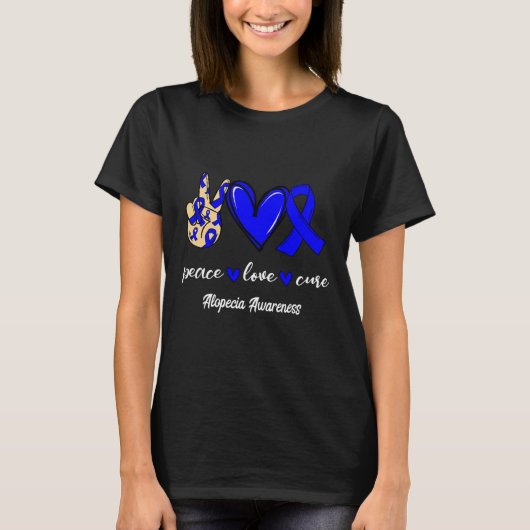 Vrede Liefde Cure Alopecia Blauw Lint Bewustzijn T-shirt (Voorkant)