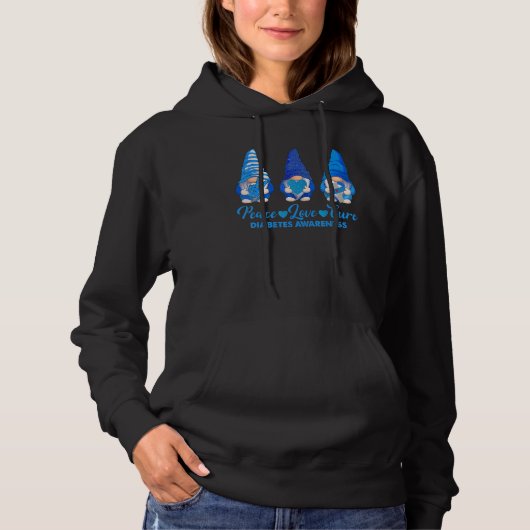 Vrede Liefde Cure Blauwe Gnomen T1D Diabetes Aware Hoodie (Voorkant)