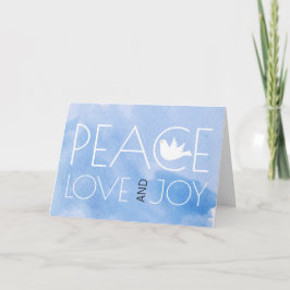 Vrede, liefde en blije blauwe waterverf kerstfoto feestdagen kaart