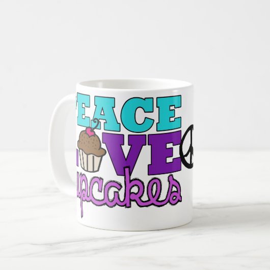 Vrede, liefde en cupcakes! Mok Paars (Voorkant links)