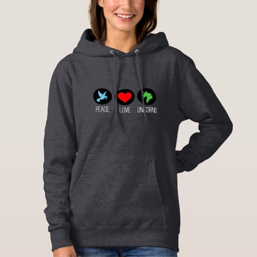 Vrede liefde en eenhoorns hoodie (Voorkant)