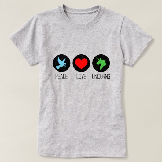 Vrede liefde en eenhoorns t-shirt (Design voorkant)