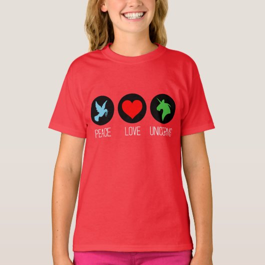 Vrede liefde en eenhoorns t-shirt (Voorkant)