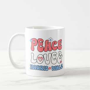 Vrede Liefde en Harris Walz Retro Hippie Style Koffiemok