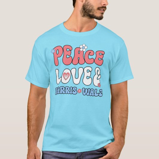 Vrede Liefde en Harris Walz Retro Hippie Style T-shirt (Voorkant)