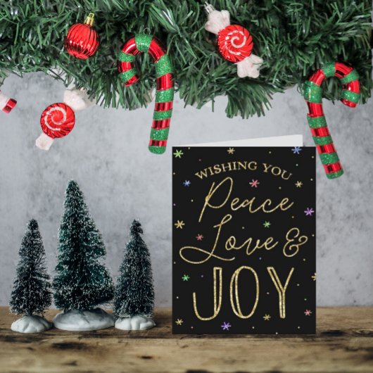 Vrede, liefde en Joy Typografie Foto van Kerstmis Feestdagen Kaart