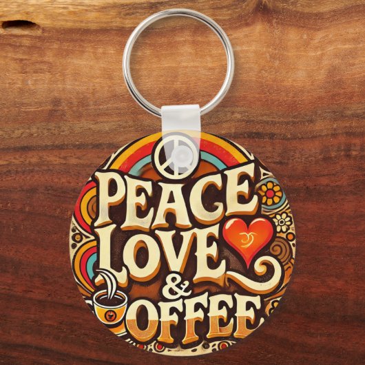 Vrede, liefde en koffie Retro Keyring Sleutelhanger (Voorkant)
