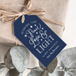 Vrede, liefde en licht | Hanukkah Cadeaulabel<br><div class="desc">De moderne,  op typografie gebaseerde Hanukkah gift labels zijn voorzien van "Vrede,  Liefde en Licht" in witte hand letterlijke stijl typografie met sterren. Pas met een naam aan en/of de gepersonaliseerde groet van Hanukkah onder. Leeg aan de achterzijde.</div>