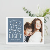 Vrede, liefde en licht | Hanukkah-foto Feestdagenkaart (Staand voorkant)