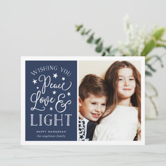 Vrede, liefde en licht | Hanukkah-foto Feestdagenkaart (Staand voorkant)