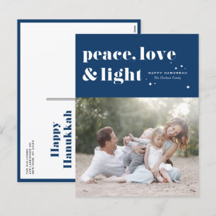 Vrede Liefde en Licht Marine Blauwe Chanoeka Foto Feestdagenkaart