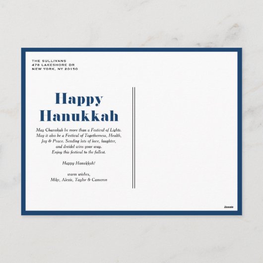 Vrede Liefde en Licht Marine Blauwe Chanoeka Foto Feestdagenkaart (Achterkant)