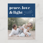 Vrede Liefde en Licht Marine Blauwe Chanoeka Foto Feestdagenkaart (Voorkant)