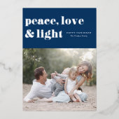 Vrede Liefde en Licht Marine Blauwe Chanoeka Foto Folie Feestdagenkaart (Voorkant)