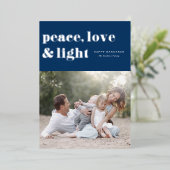Vrede Liefde en Licht Marine Blauwe Chanoeka Foto Folie Feestdagenkaart (Staand Voorkant)