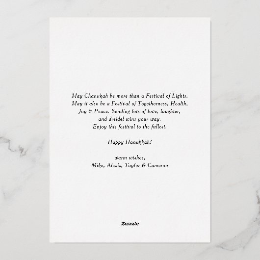 Vrede Liefde en Licht Marine Blauwe Chanoeka Foto Folie Feestdagenkaart (Achterkant)