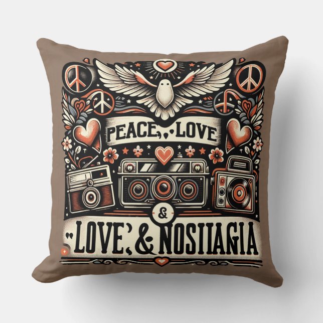 Vrede, Liefde en Nostalgie: Retro Typografie Quote Kussen (Voorkant)