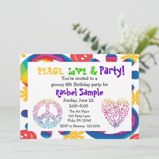 Vrede, liefde en partijuitnodiging kaart (Staand voorkant)