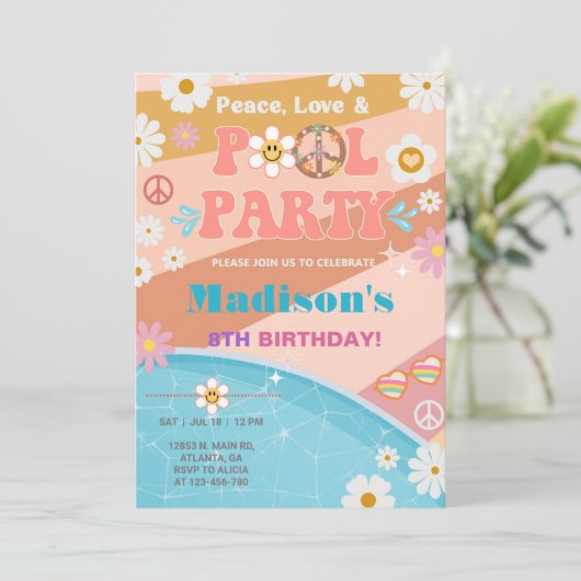 Vrede Liefde en Pool Party groovy verjaardag. Kaart (Staand voorkant)