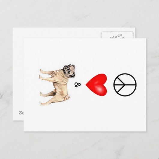 Vrede, liefde en pug briefkaart (Voorkant / Achterkant)