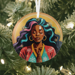 Vrede, Liefde en Vreugde Kerstmis Zwarte Vrouw Bid Glas Ornament