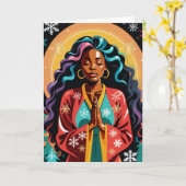 Vrede, Liefde en Vreugde Kerstmis Zwarte Vrouw Bid Kaart (Gele Bloem)