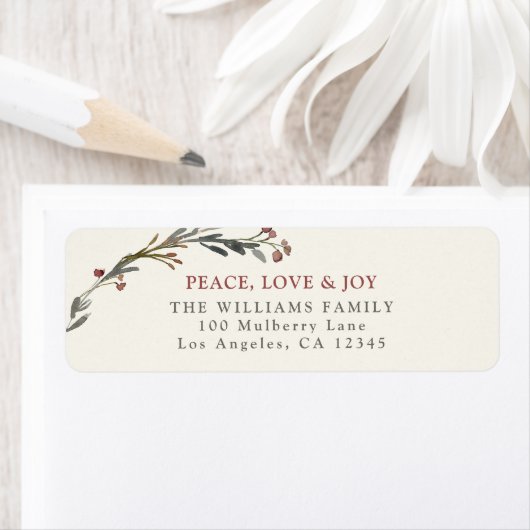 Vrede Liefde en vreugde Rode bessen Greenery Adres Etiket (Insitu)