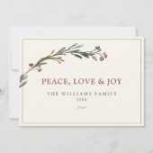 Vrede Liefde en vreugde Rode bessen Groen Feestdagenkaart (Voorkant)