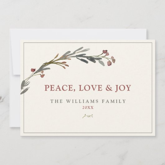 Vrede Liefde en vreugde Rode bessen Groen Feestdagenkaart (Voorkant)