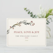 Vrede Liefde en vreugde Rode bessen Groen Feestdagenkaart (Staand voorkant)